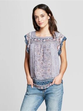 Knox Rose Gray Floral Scoop Neck Short Sleeve Blouse